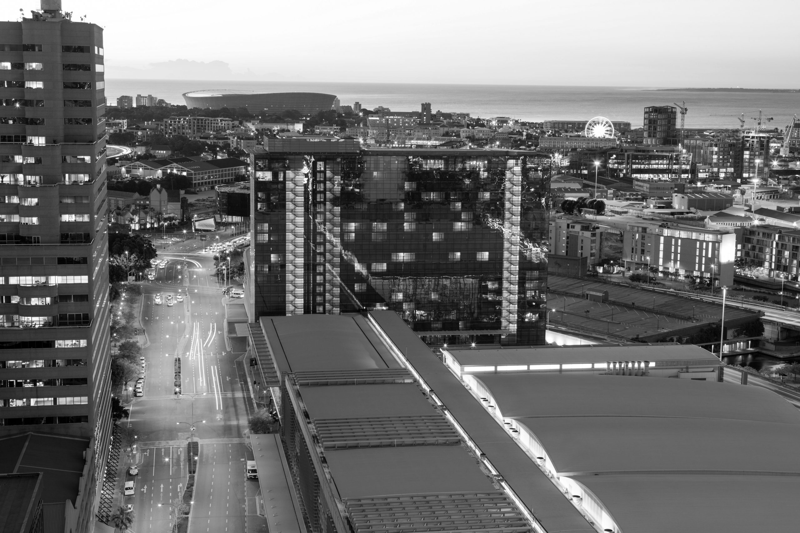 b&w aerial view streets office building business district